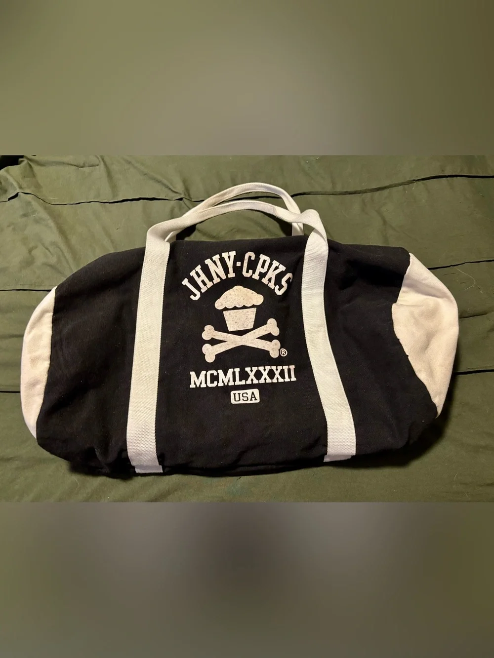 Johnny Cupcakes Black Duffel Bag with White Accents